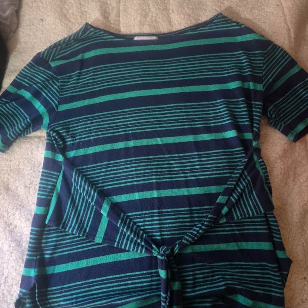 Navy & Green Striped Top with Adjustable Tie | Size M